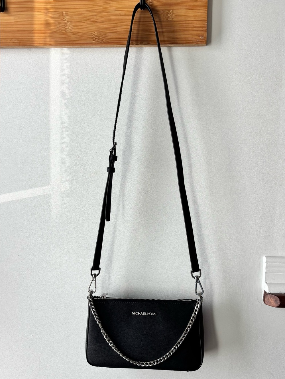 Michael Kors Black Leather Shoulder Bag with Silver Chain